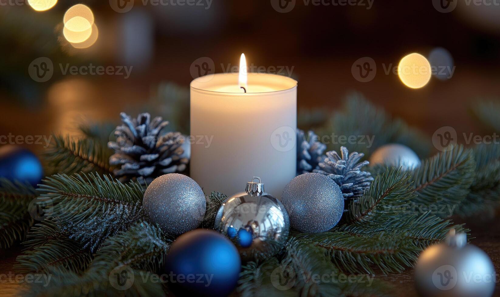 A candle is lit on a table with a pine cone and a bunch of Christmas ornaments photo