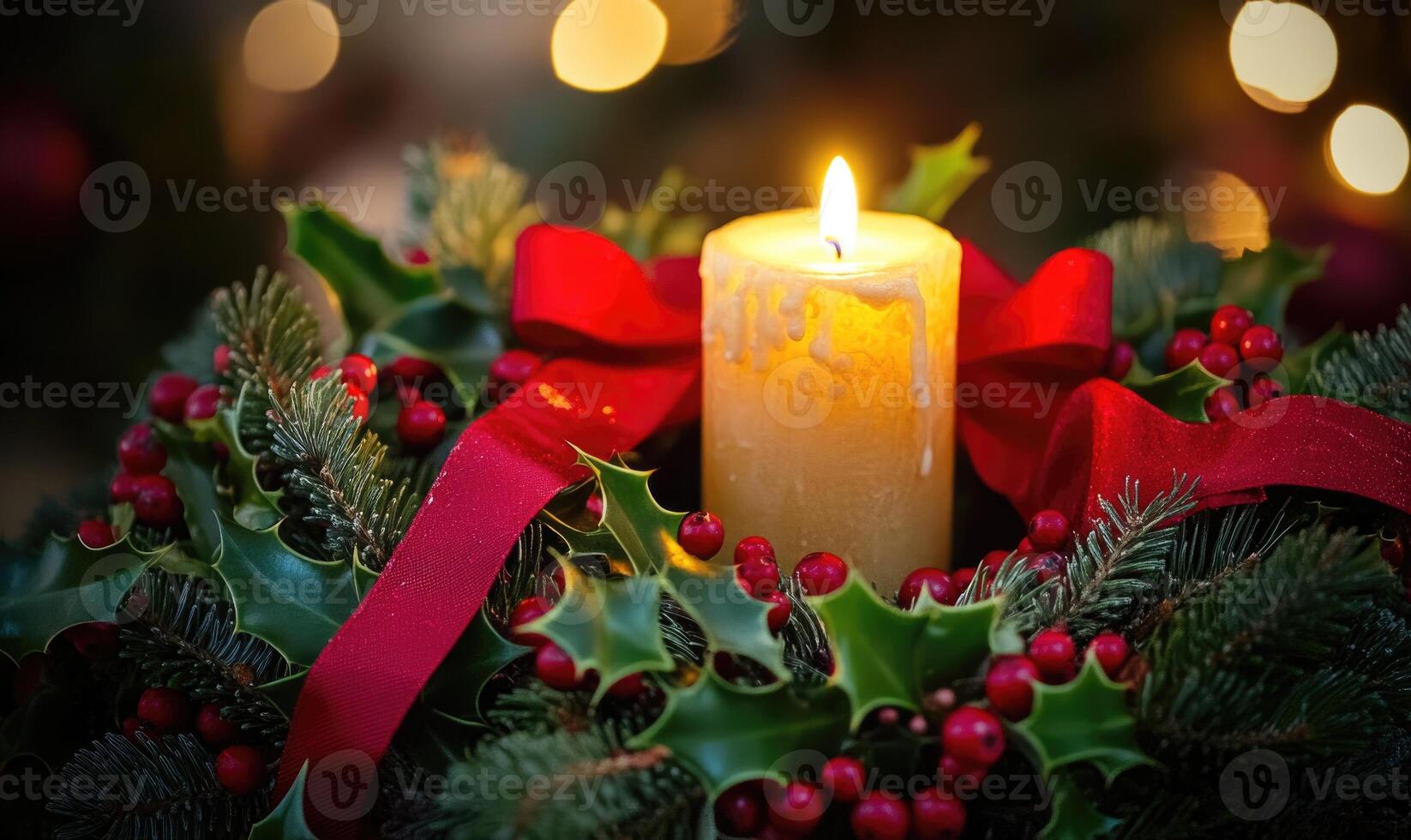 A candle is lit in a wreath of holly and red ribbon photo