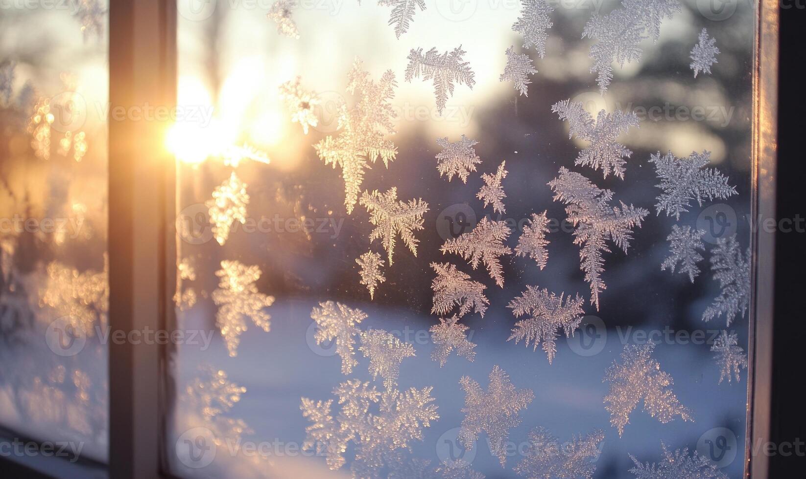 A window with snowflakes on it and the sun shining through photo