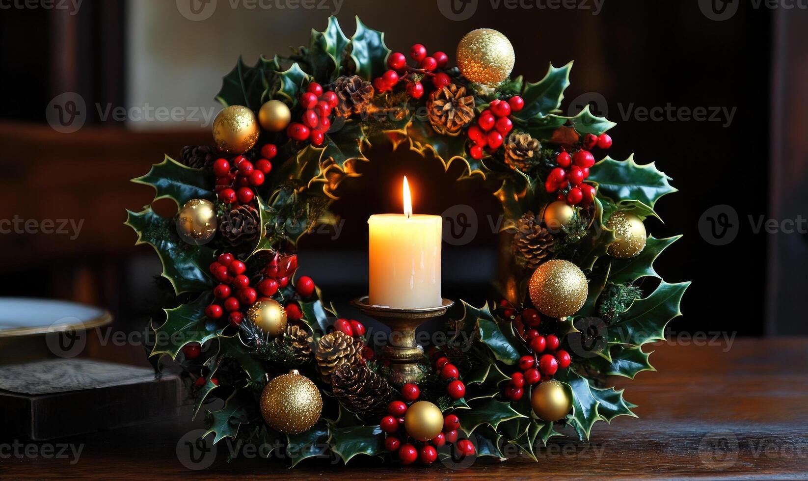 A wreath with a candle in the center is lit up photo