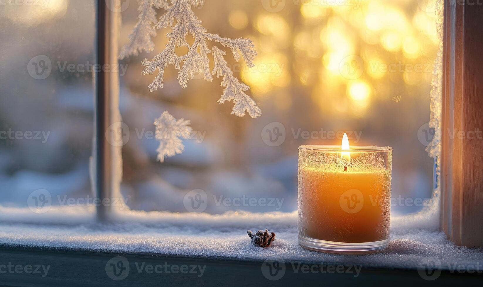 A candle is lit in a glass jar on a window sill photo