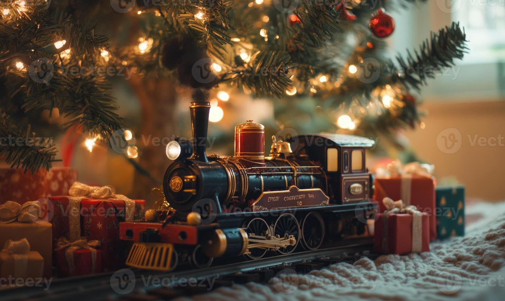 A train is sitting on a train track next to a Christmas tree photo