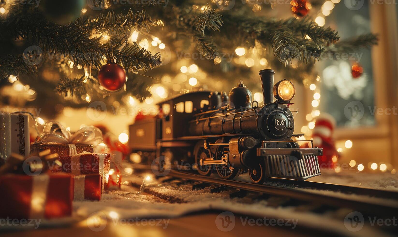 A train is on a track next to a Christmas tree photo