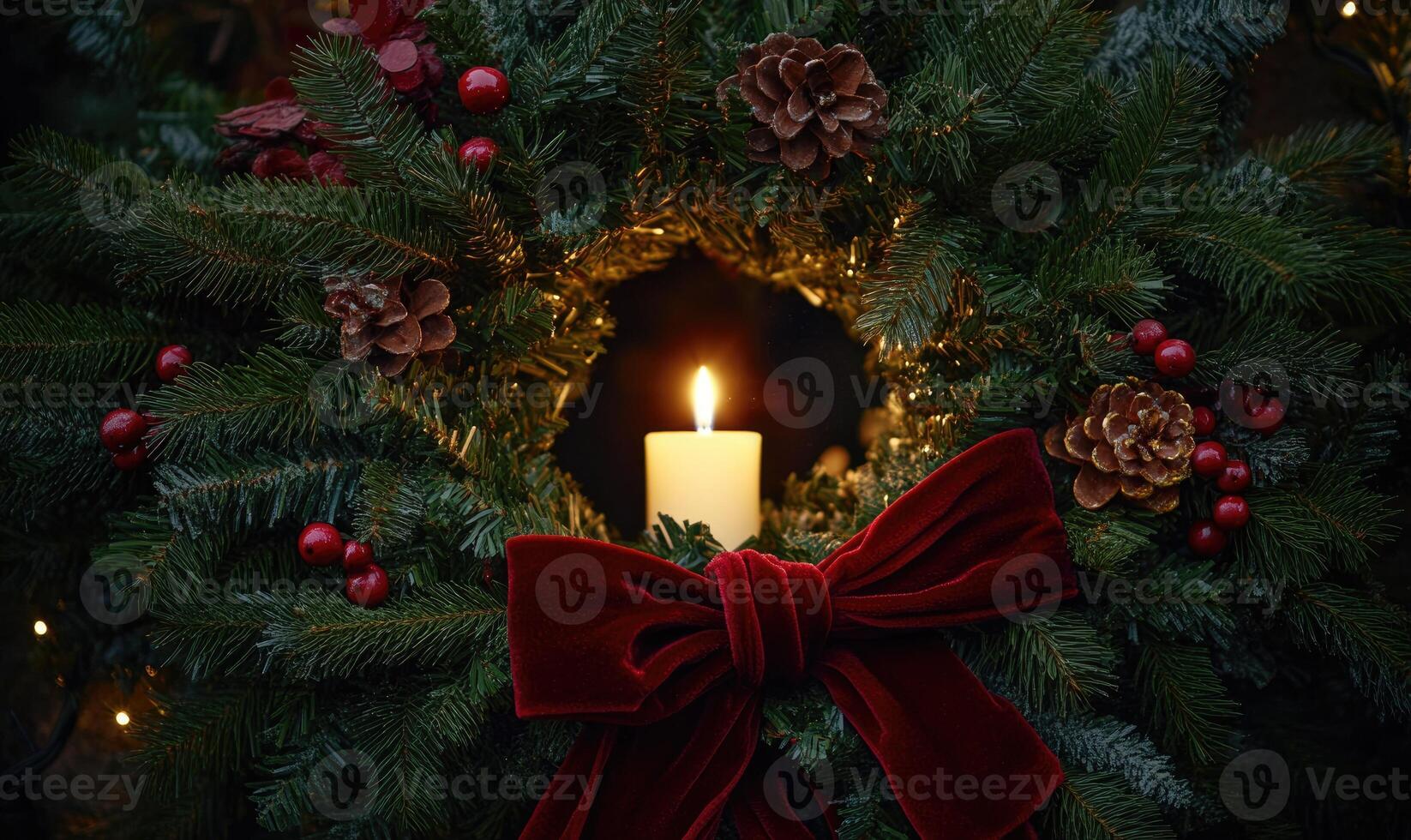 A wreath with a lit candle in the center photo