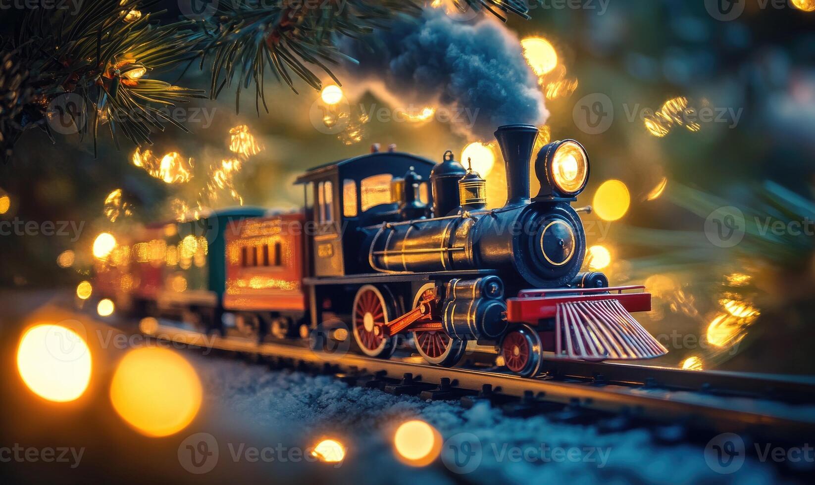 A train with a black engine and red wheels is on a track photo