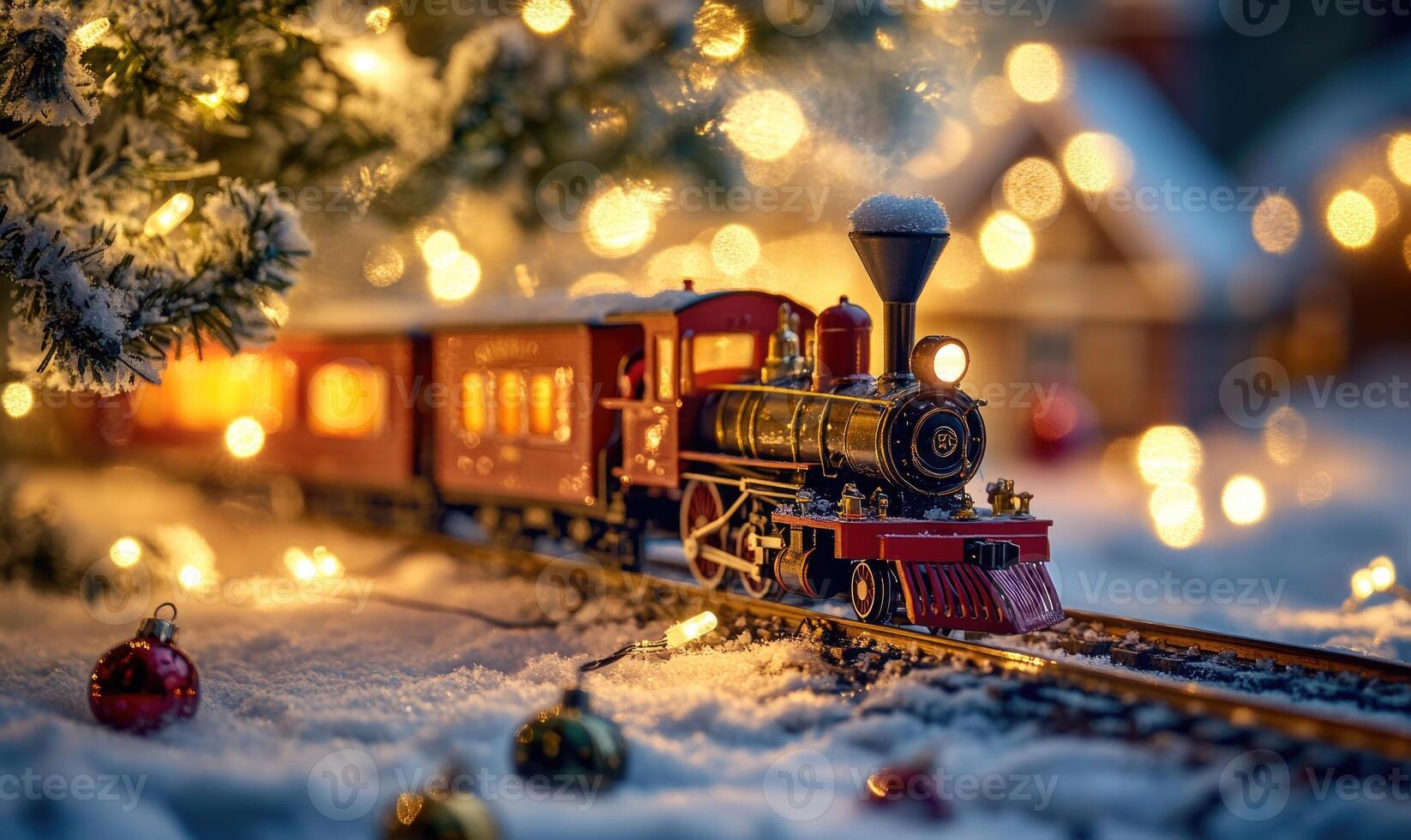A train is on a track with a Christmas tree in the background photo