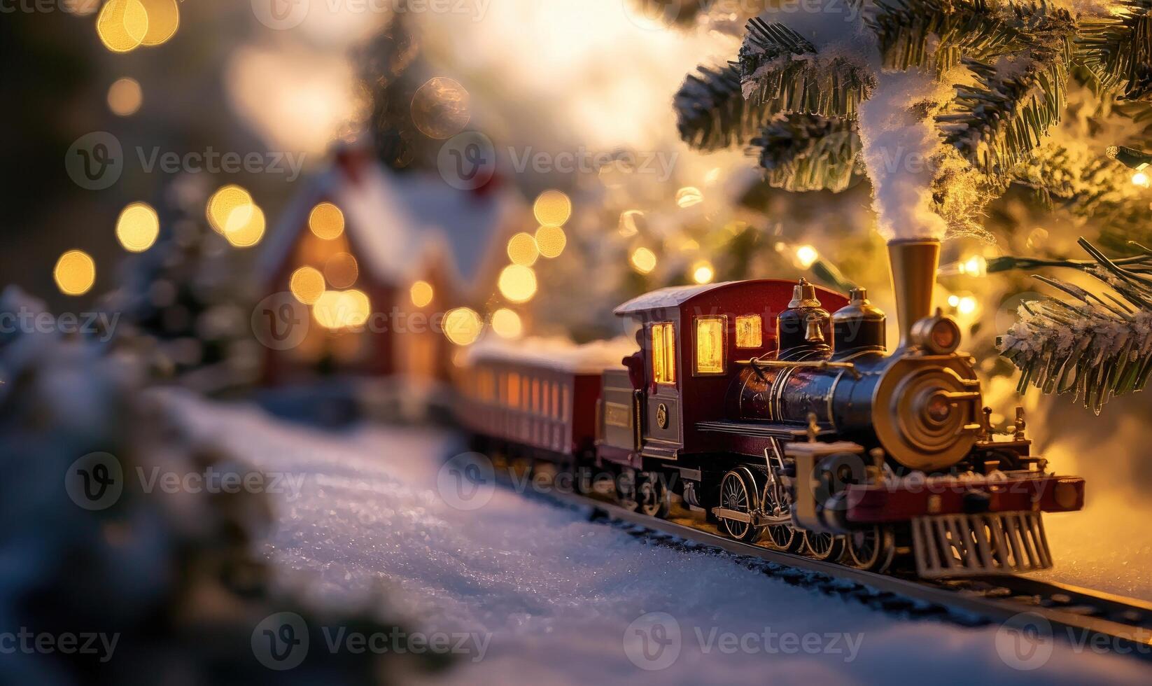 A train is traveling down a snowy track next to a house photo