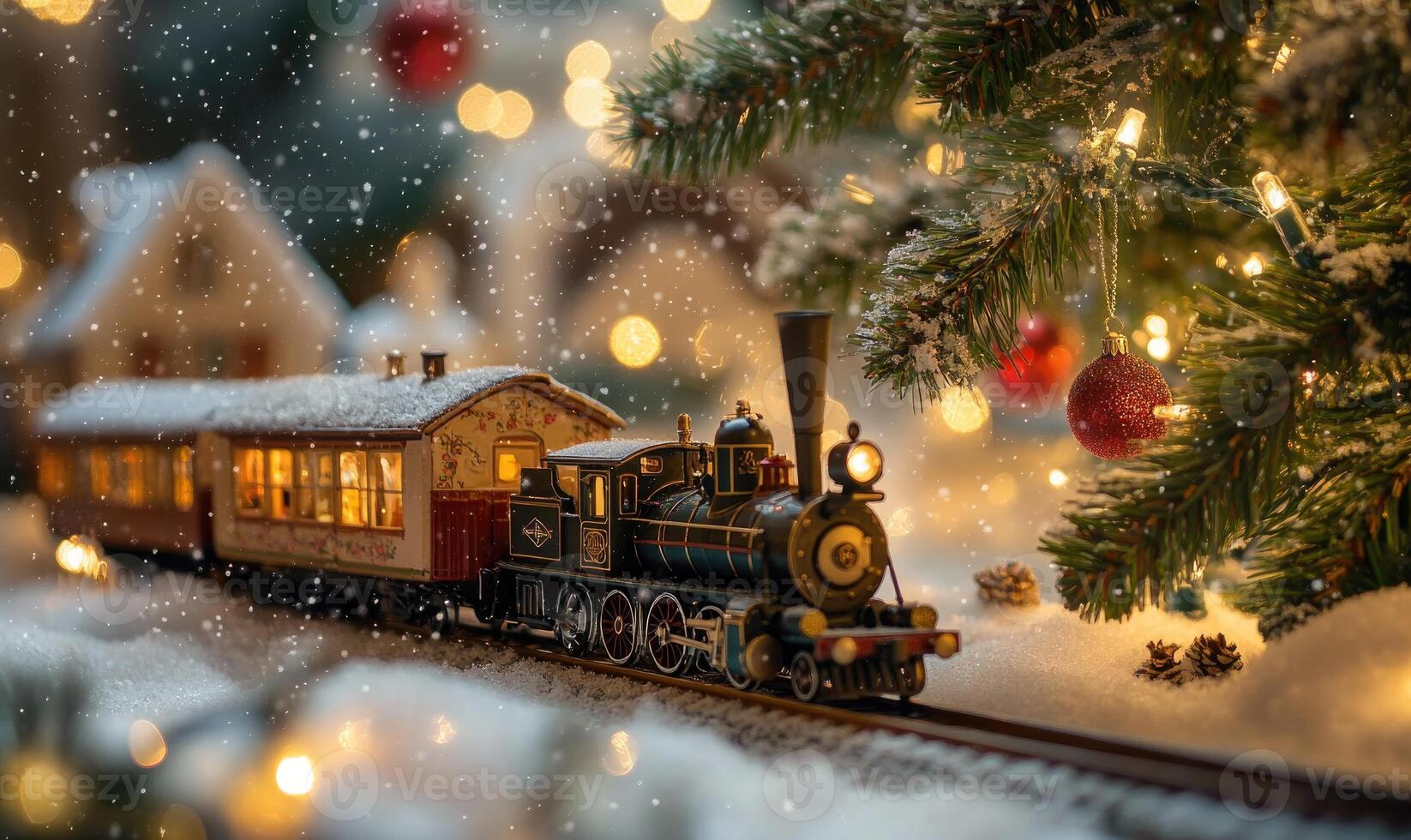 A train is traveling down a snowy track next to a Christmas tree photo