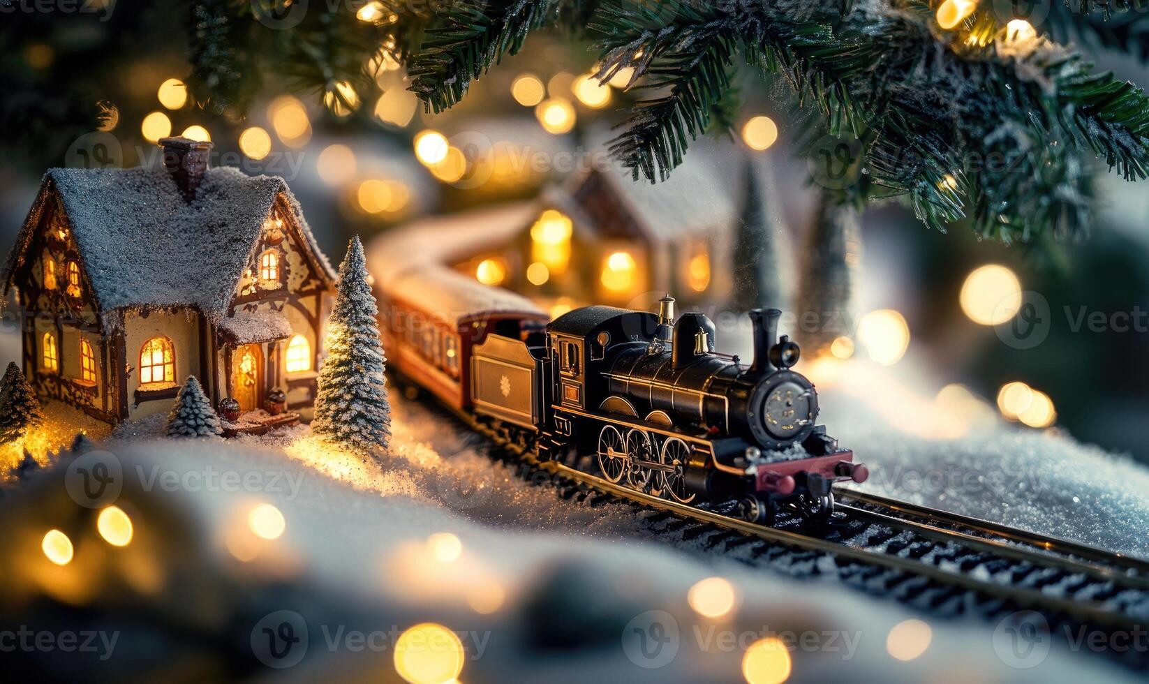 A train is traveling down a snowy track next to a house photo