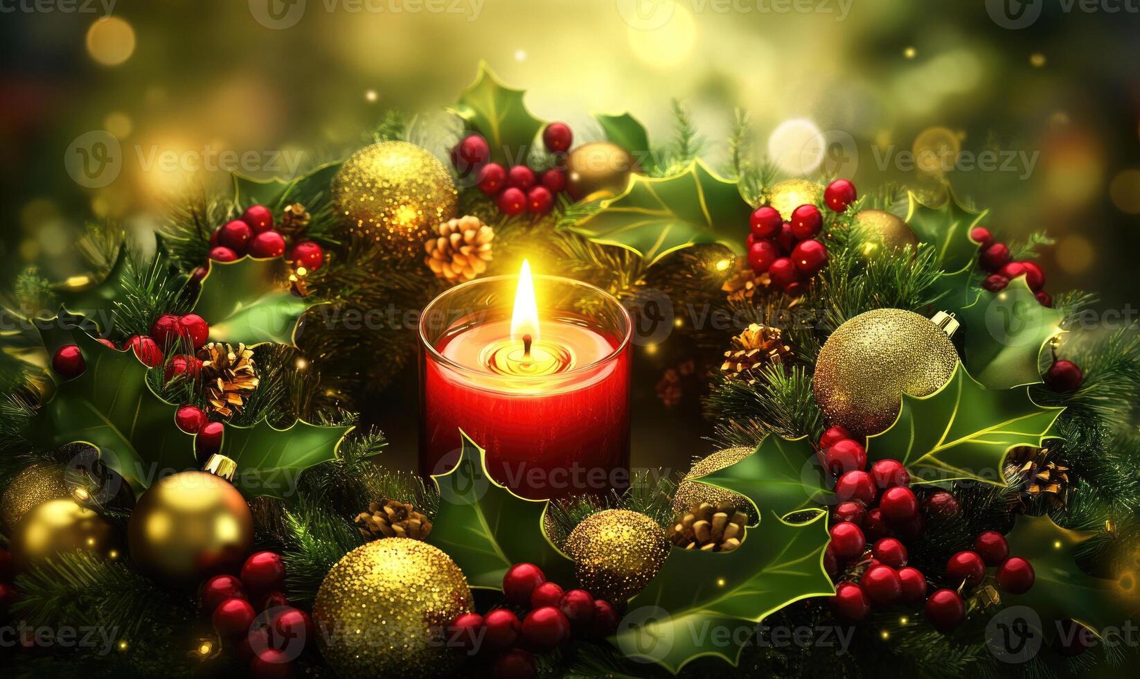 A wreath with a lit candle in the center photo