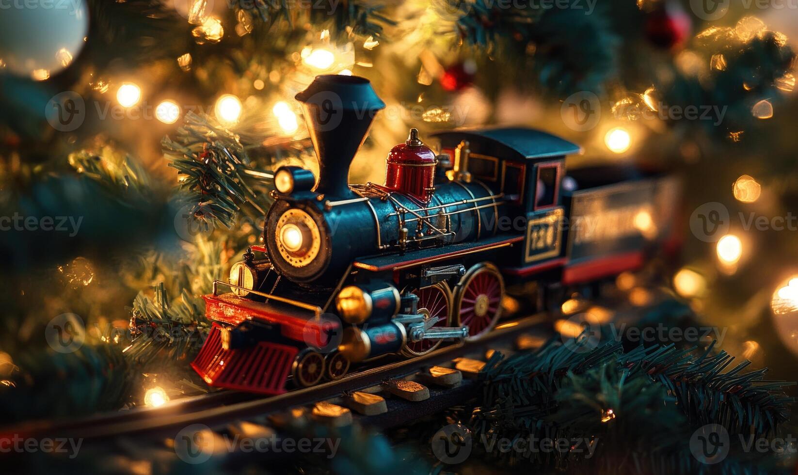 A train is sitting on a track in front of a Christmas tree photo