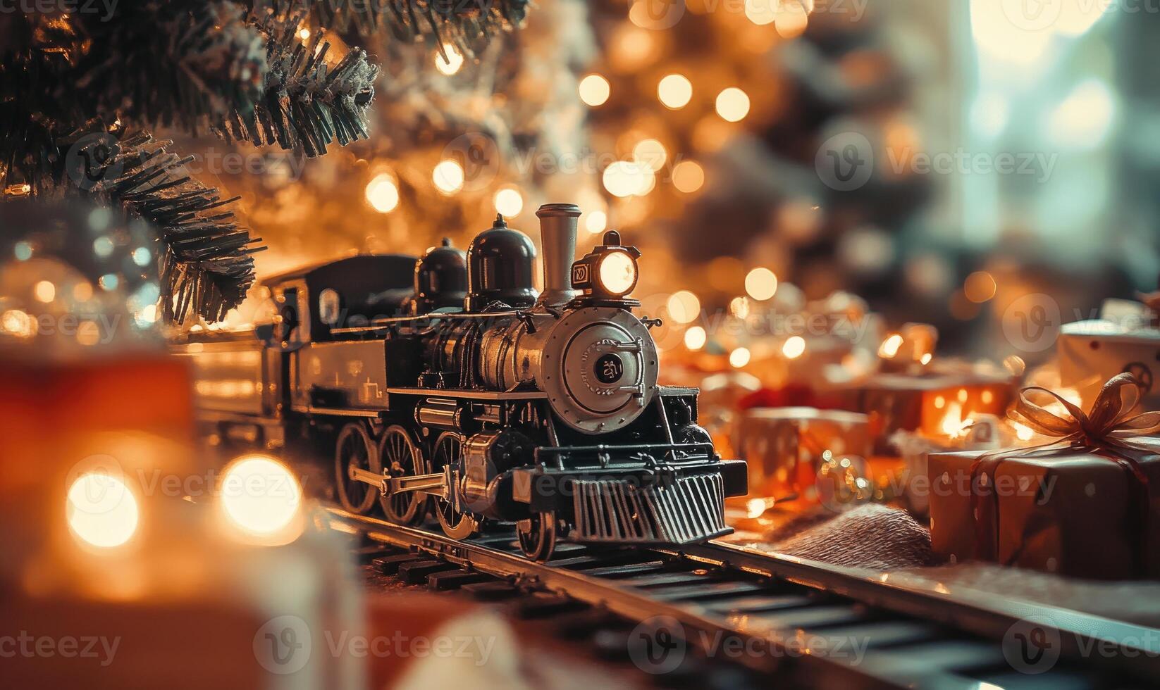 A train is on a track next to a Christmas tree photo