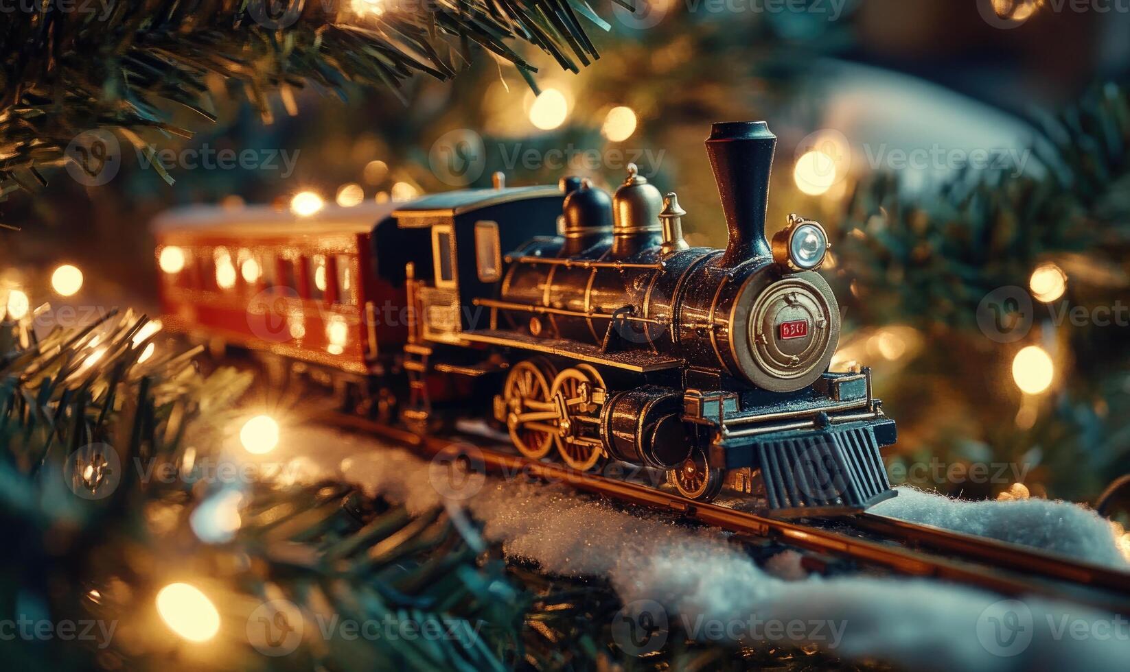 A train is sitting on a track with lights around it photo