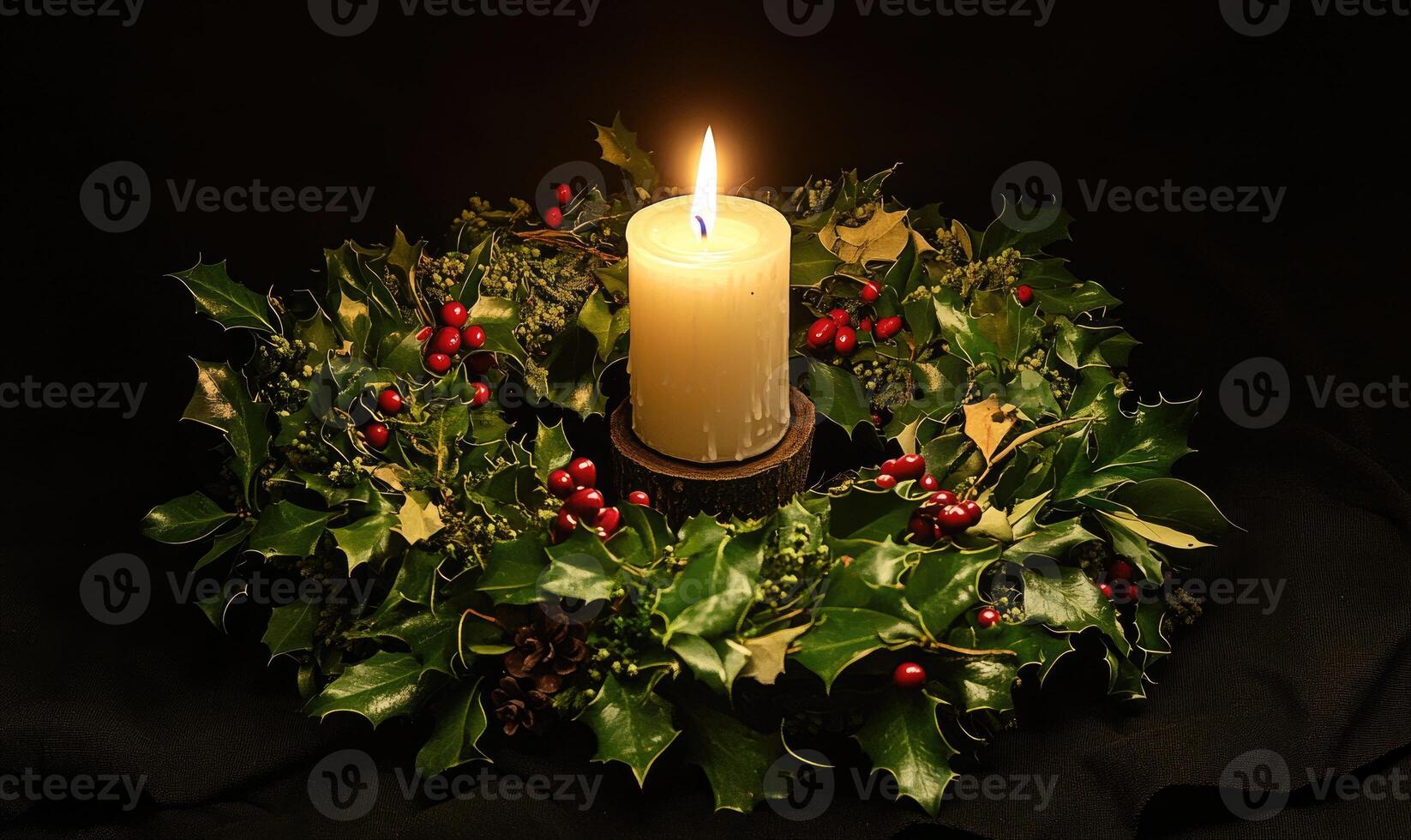 A candle is lit in a wreath of evergreen leaves photo