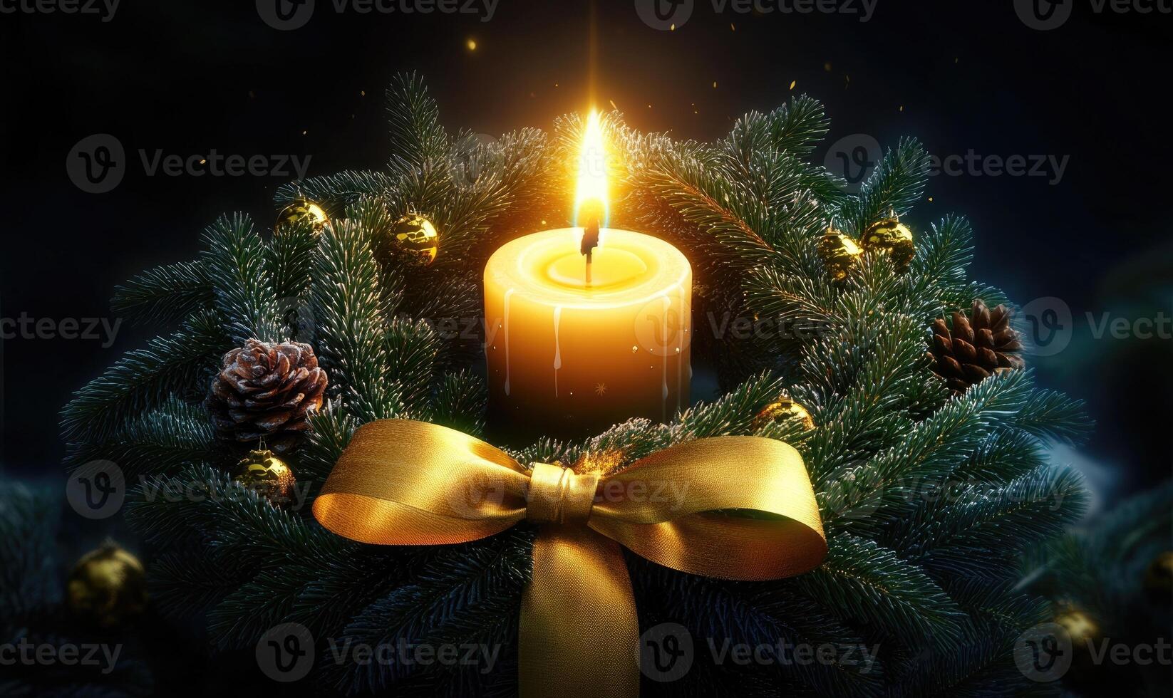 A candle is lit in a wreath of evergreen branches photo