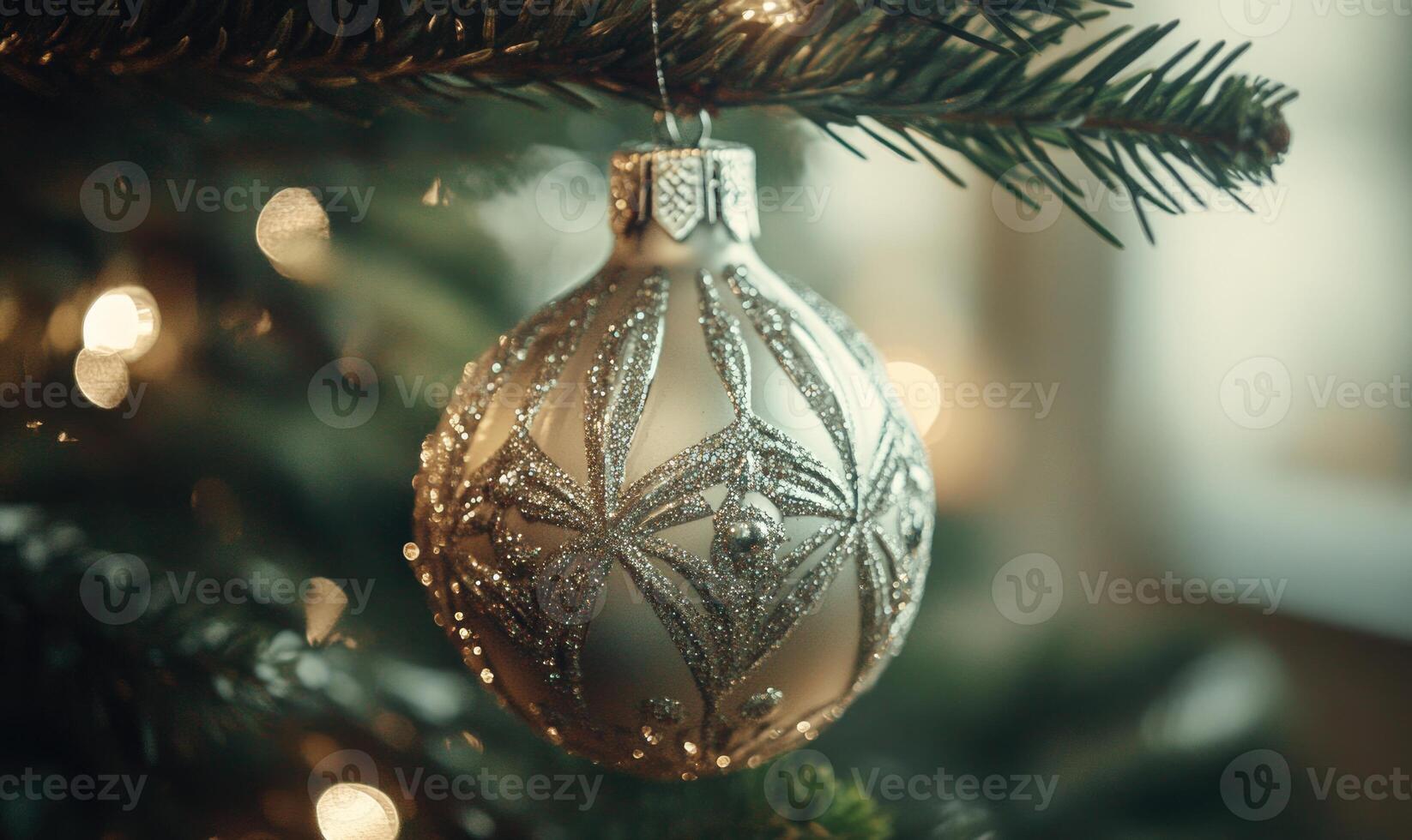 A silver ornament hanging from a Christmas tree photo