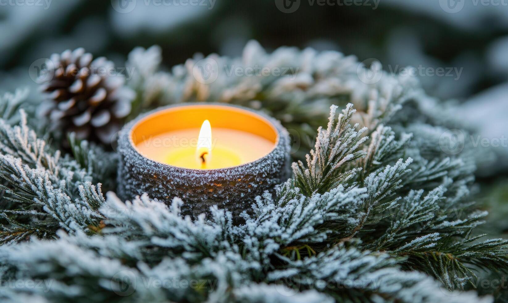 A candle is lit in a pine cone on a snowy branch photo