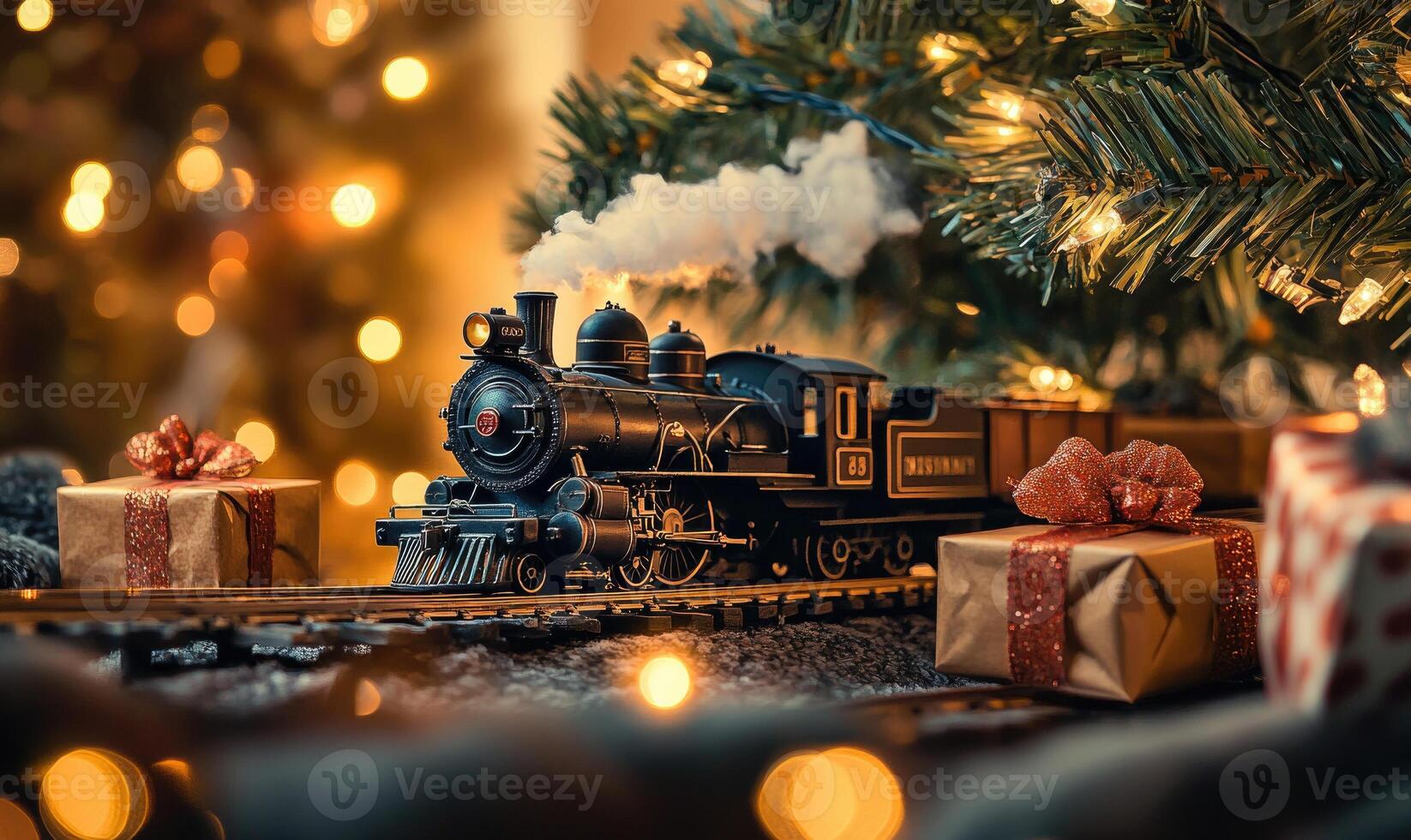 A train is on a track next to a Christmas tree photo