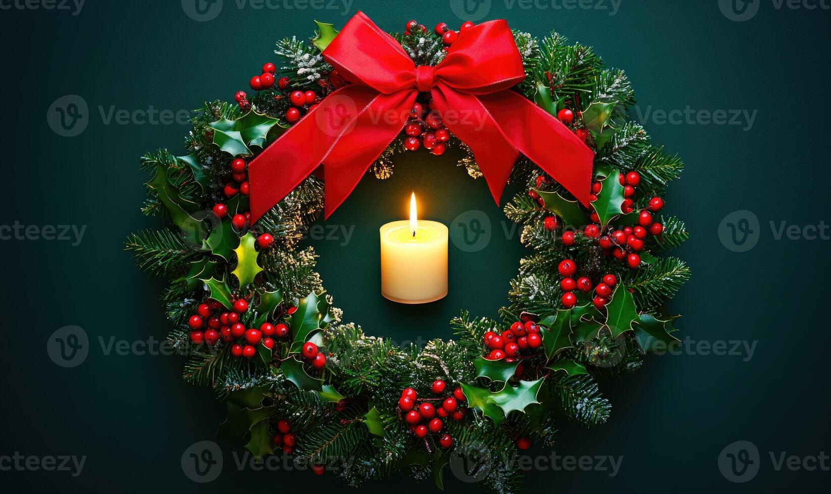 A wreath with a red ribbon and a candle in the center photo