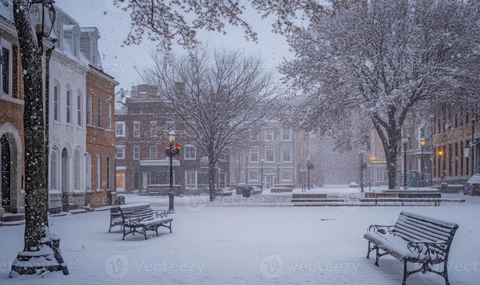 A snowy park with benches and trees photo
