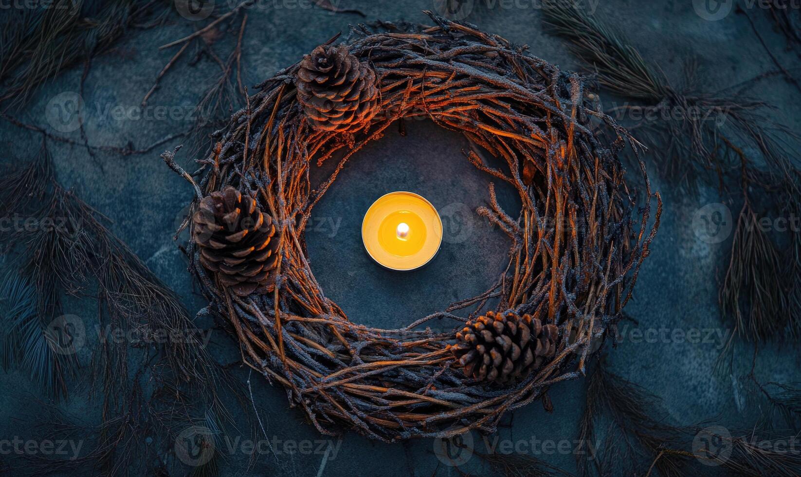 A wreath of pine branches with a candle in the center photo