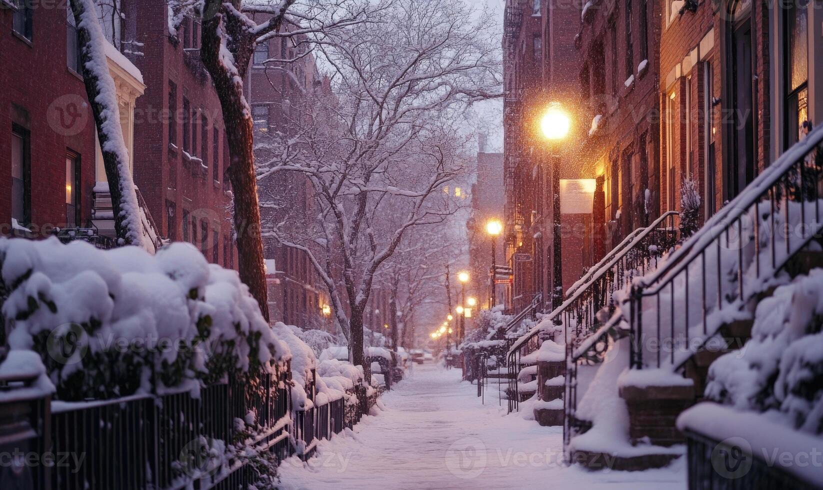 A snowy street with a tree in the middle photo