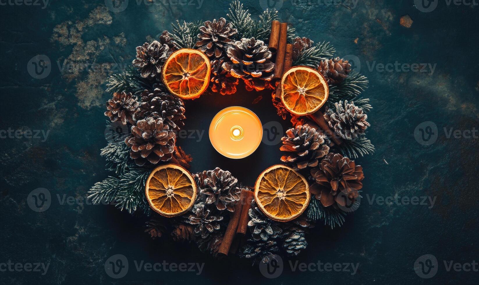 A wreath of pinecones and oranges with a lit candle in the center photo