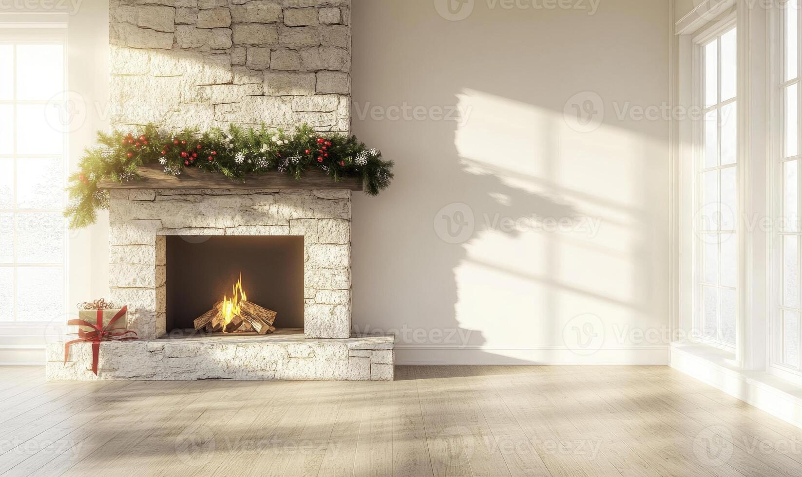 A fireplace with a wreath of Christmas greenery on it photo