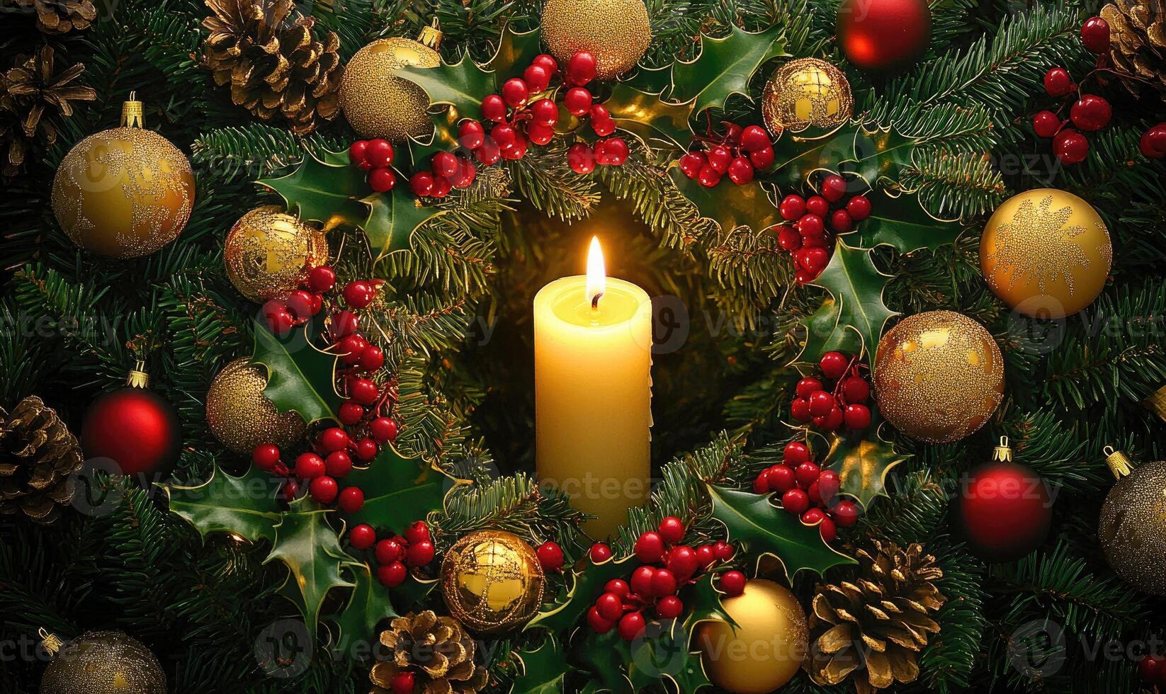 A wreath of Christmas decorations with a candle in the center photo