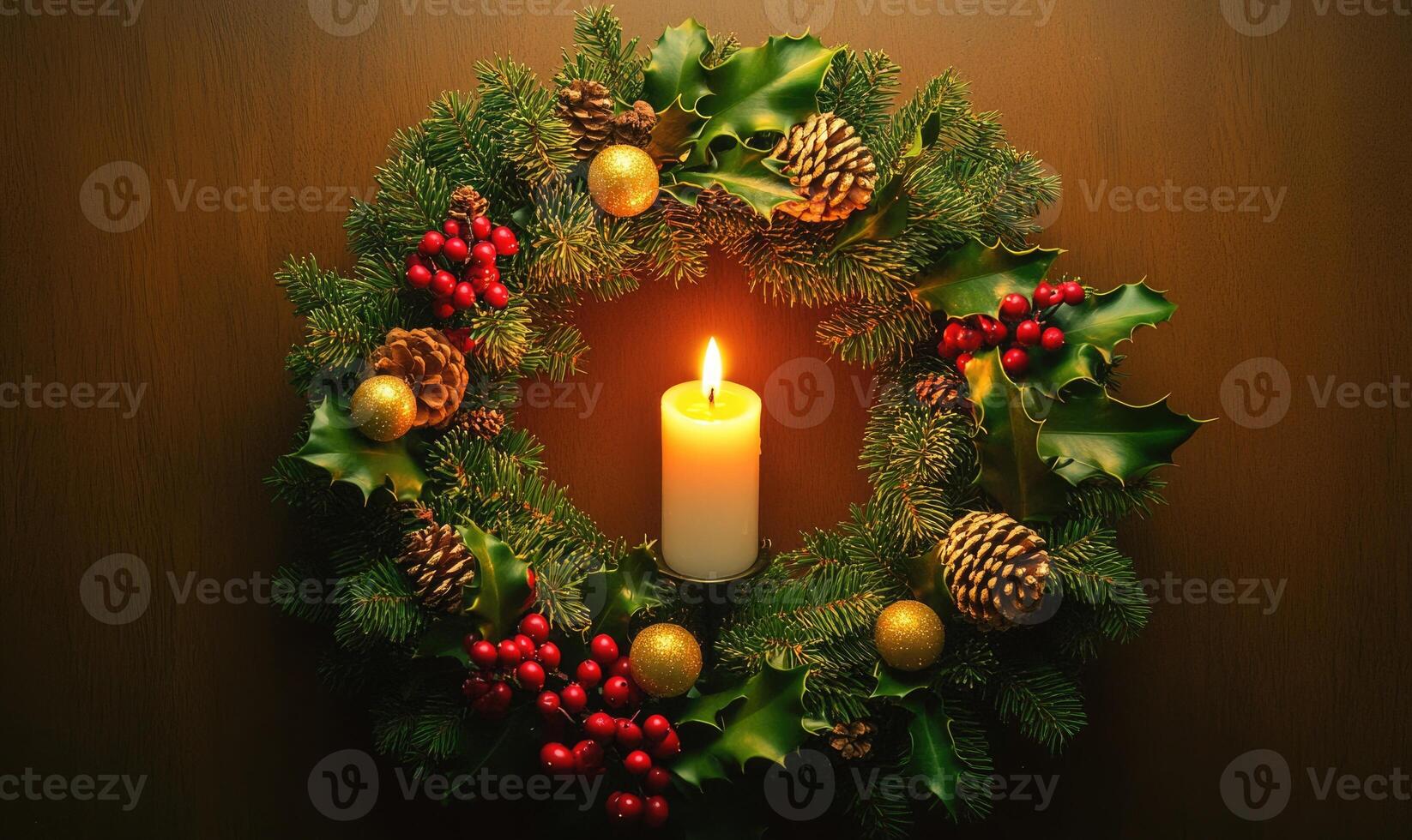 A wreath with a lit candle in the center photo