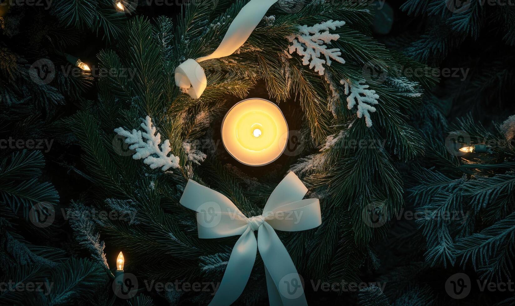 A wreath with a candle in the center is lit up photo