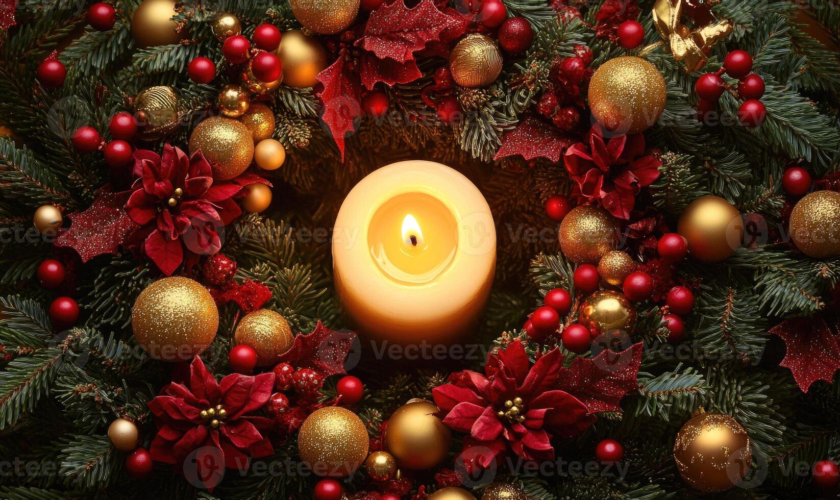 A candle is lit in the center of a wreath of red and gold ornaments photo
