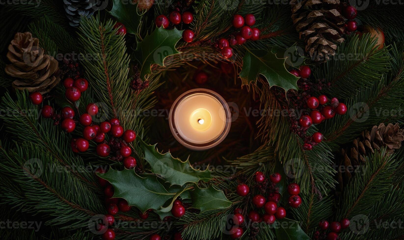 A candle is lit in the center of a wreath of evergreen branches photo