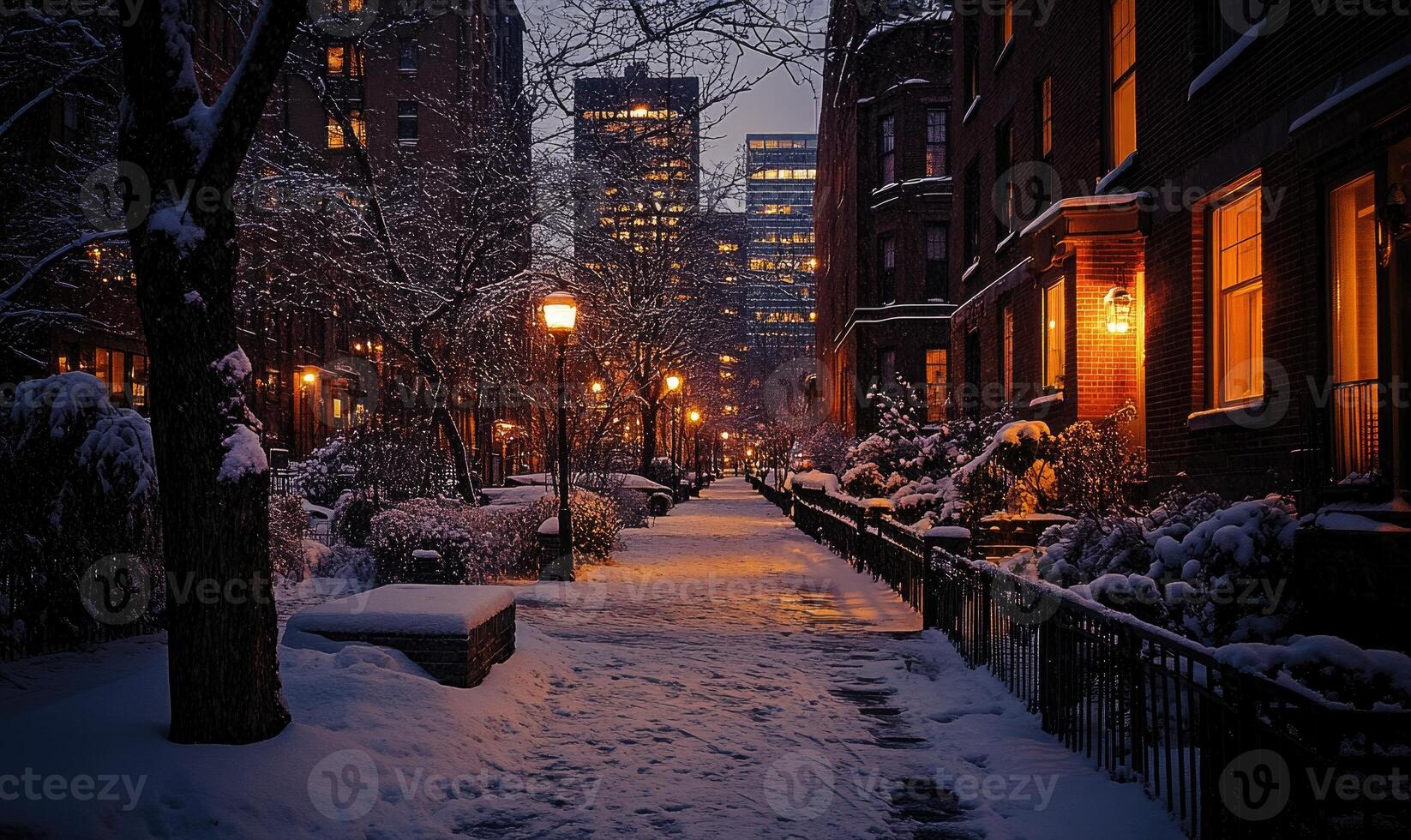 A snowy city street at night with a bench and street lights photo