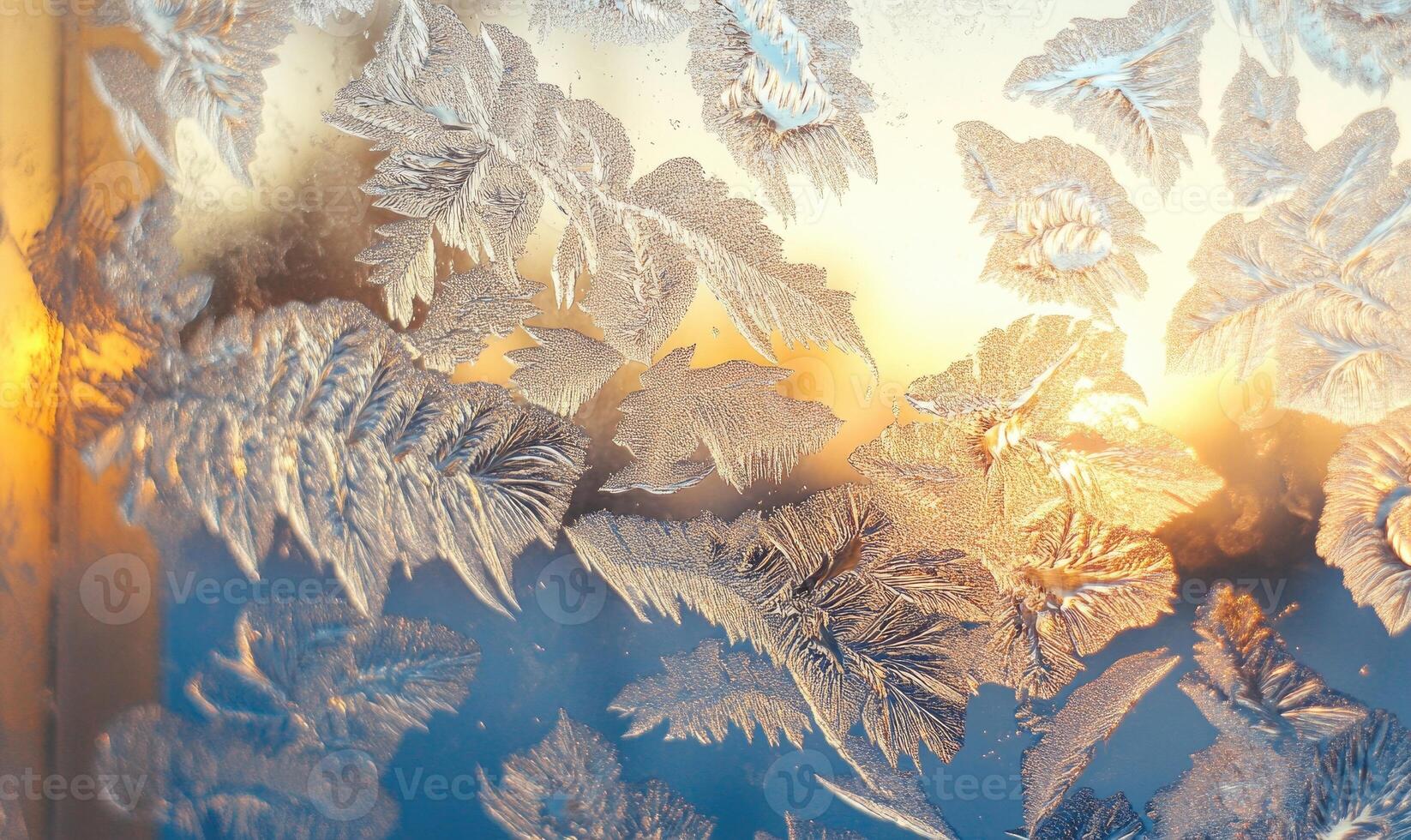 A frosty window with a beautiful design of leaves and branches photo