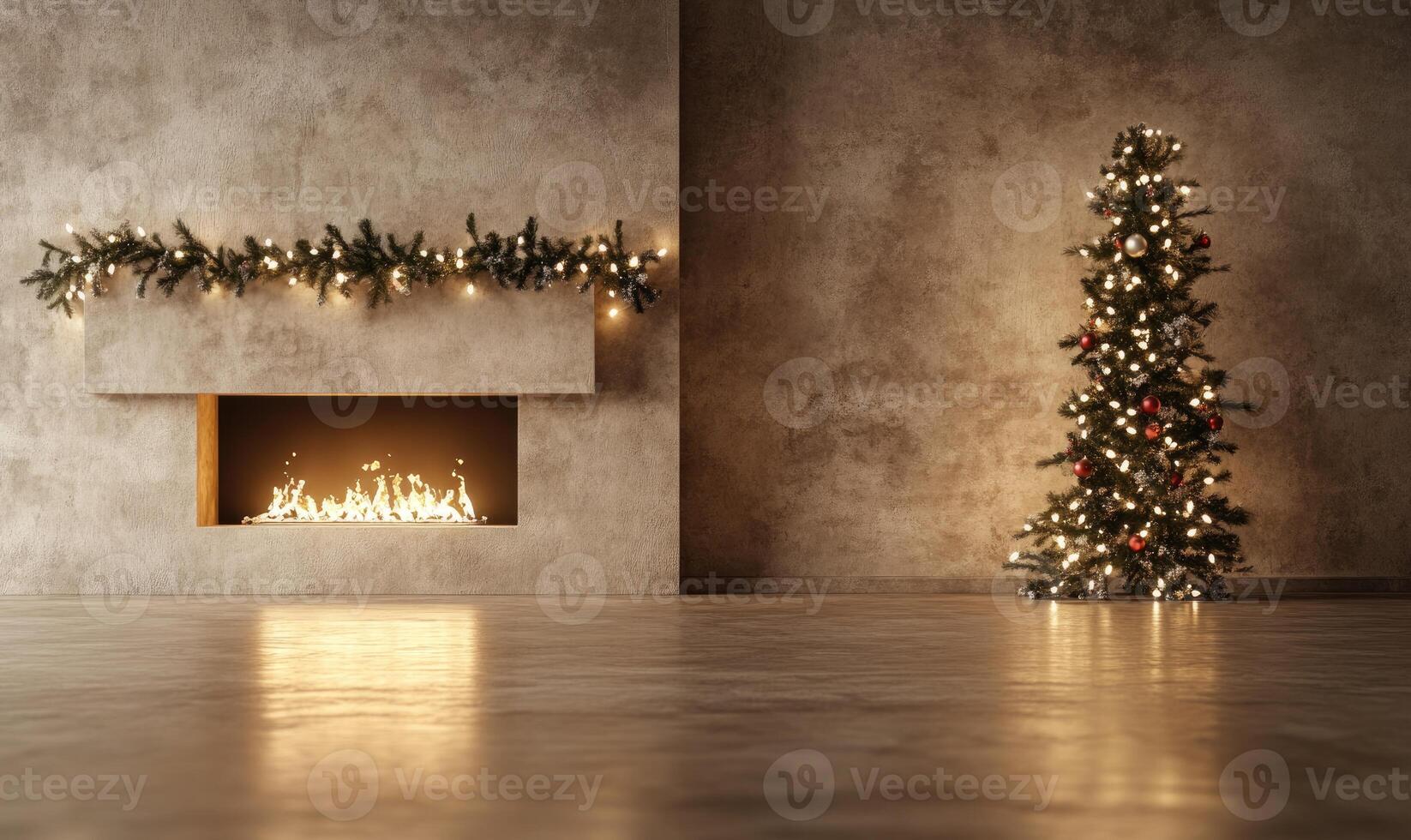 A fireplace with a Christmas tree in the background photo