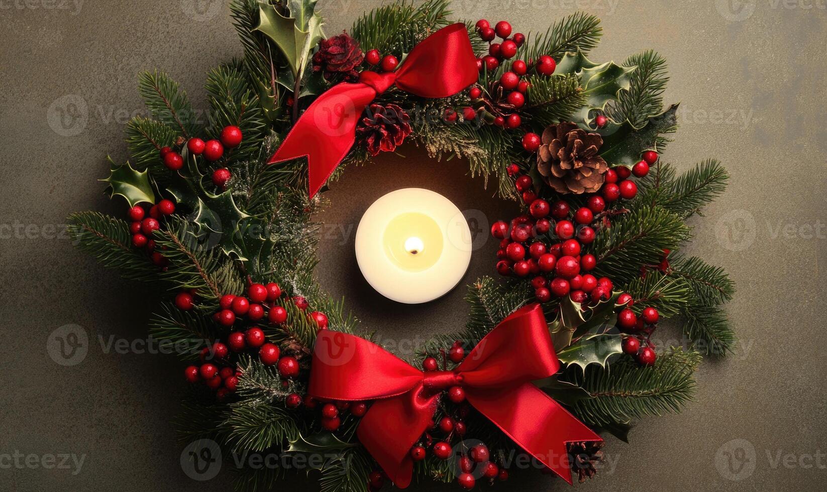 A wreath with red ribbon and a candle in the center photo