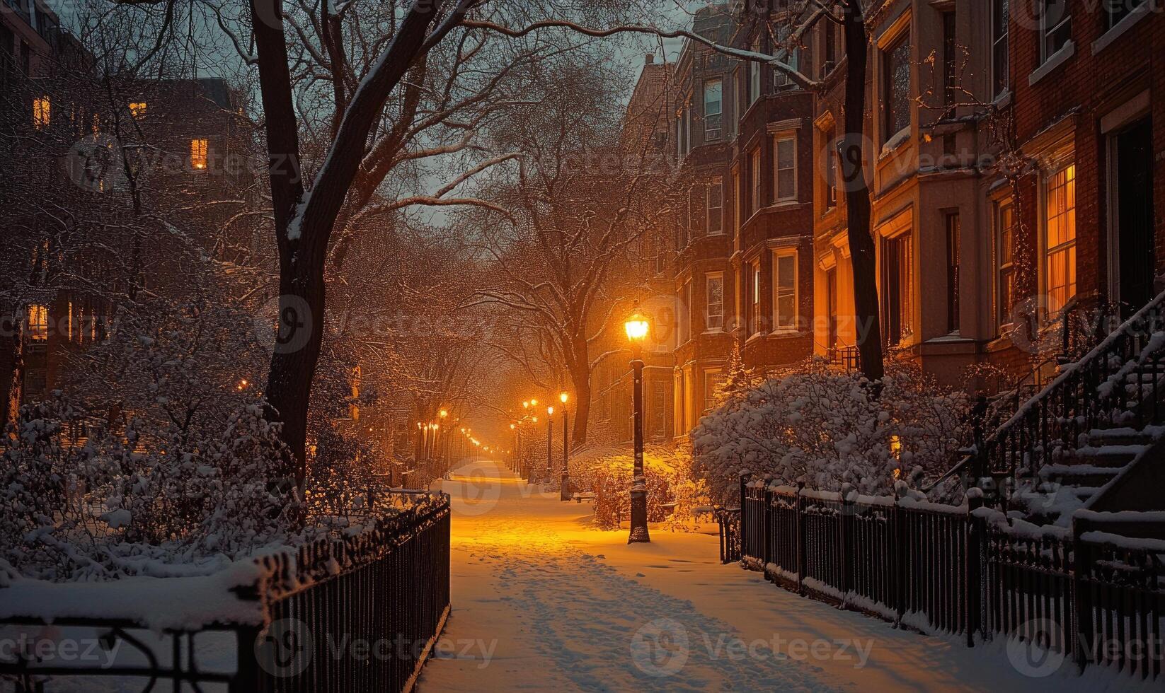 A snowy street with a street light and a fence photo