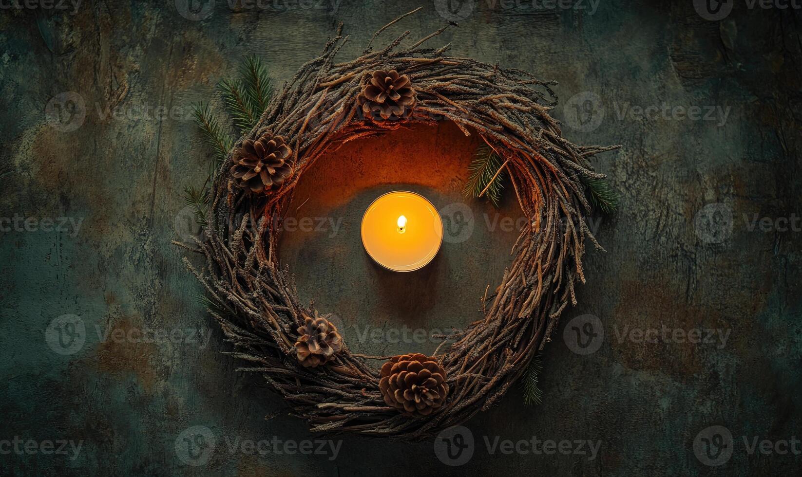 A wreath with pine cones and a candle in the center photo