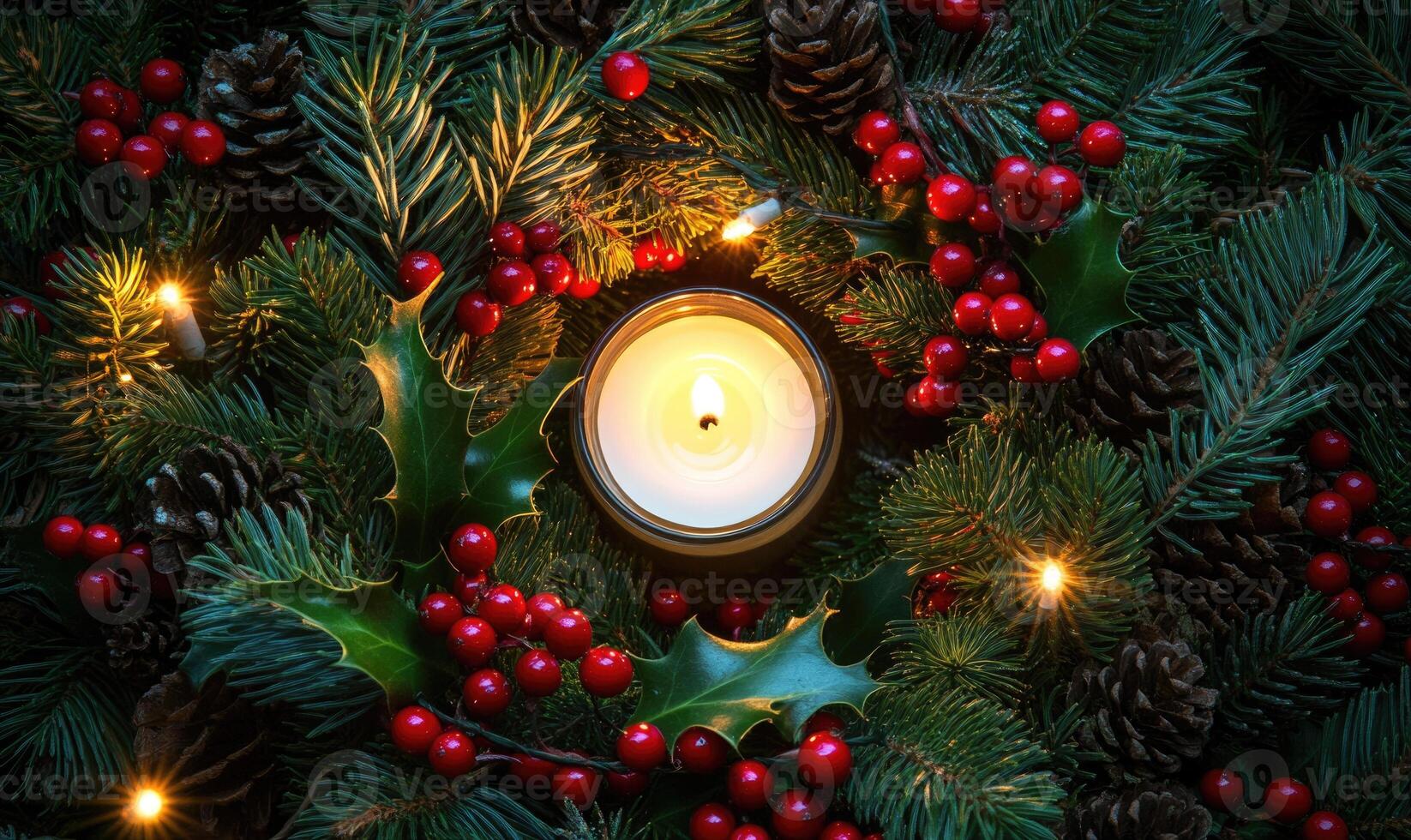 A candle is lit in a wreath of red berries and pine needles photo