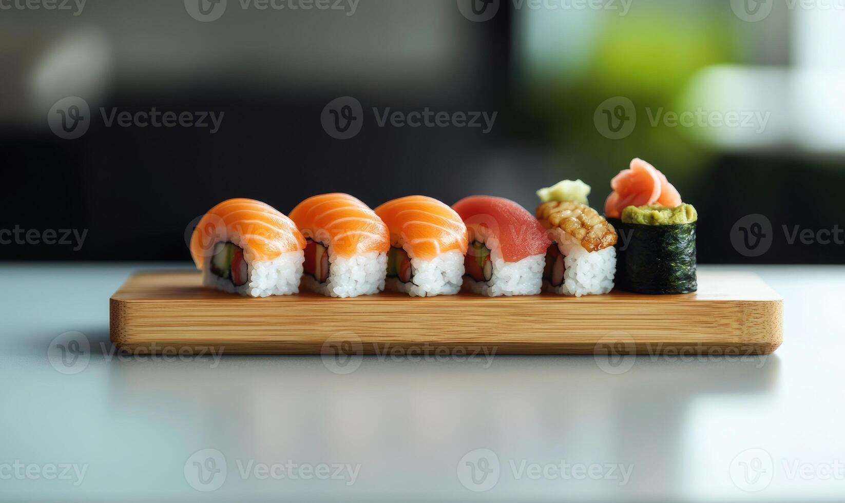 A wooden tray with a variety of sushi rolls and a piece of avocado photo
