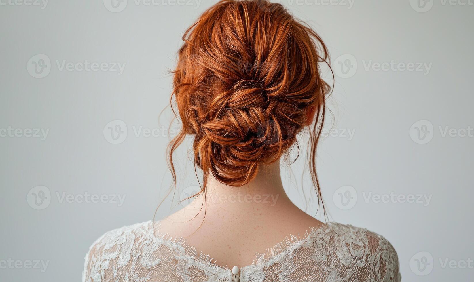 A woman with red hair is wearing a white lace dress photo