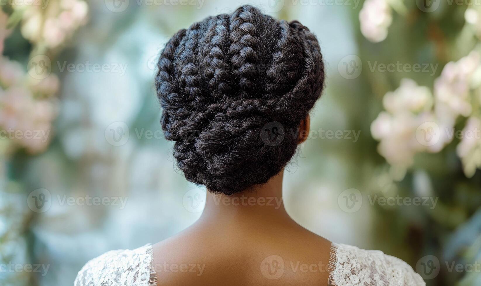 A woman with a braided hairstyle is wearing a white dress photo