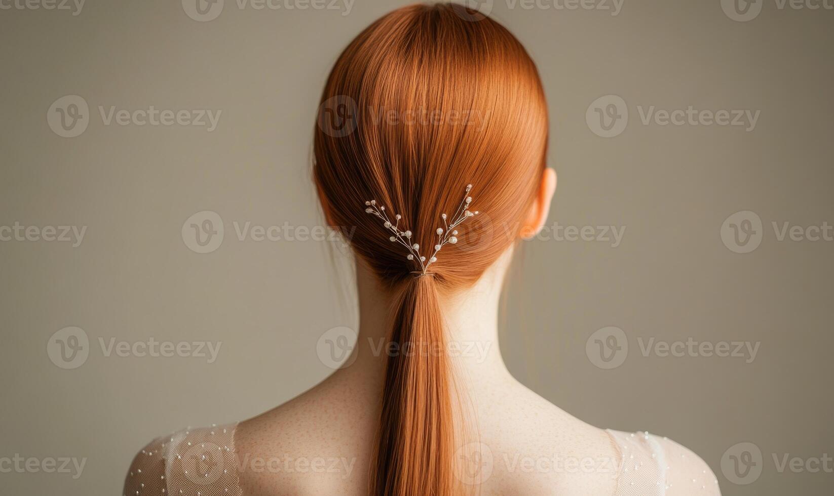 A woman with long red hair is wearing a necklace with beads photo