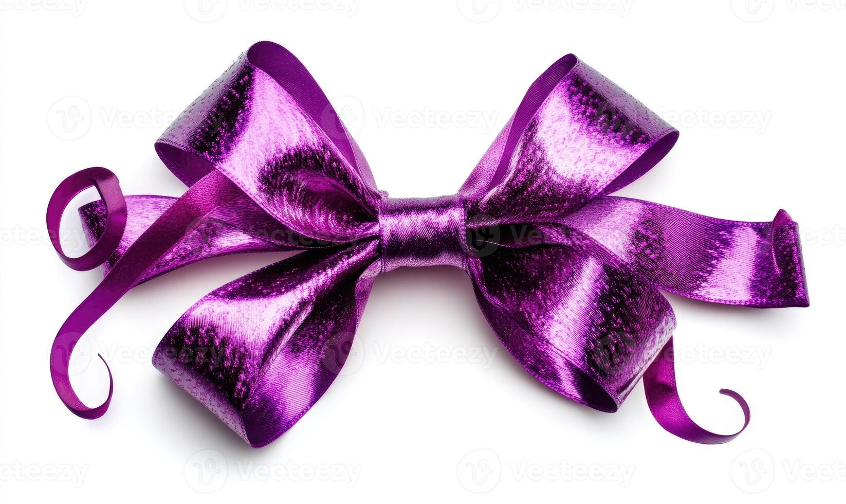 A purple ribbon bow is shown on a white background photo