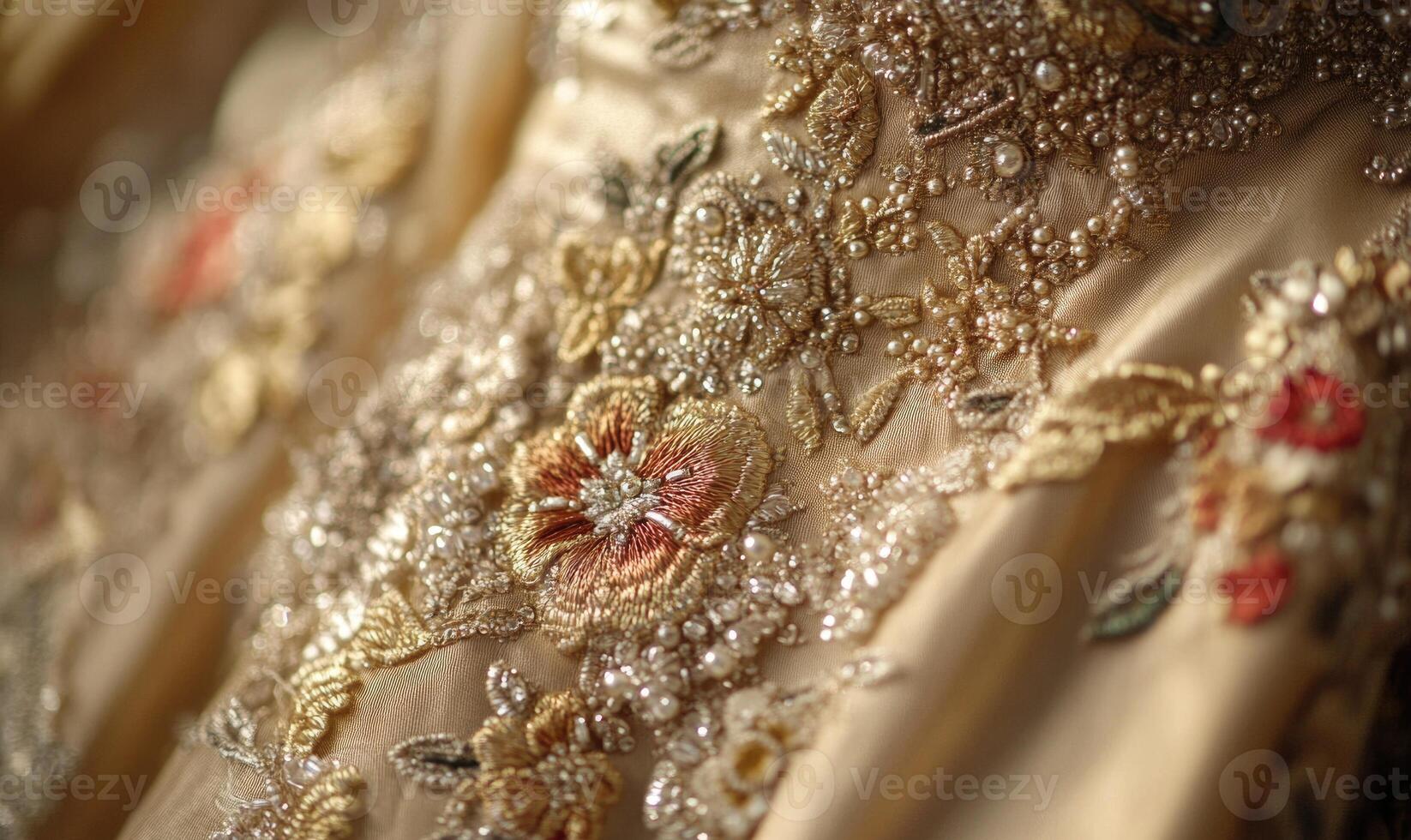 A gold and silver dress with flowers and pearls embroidered on it photo