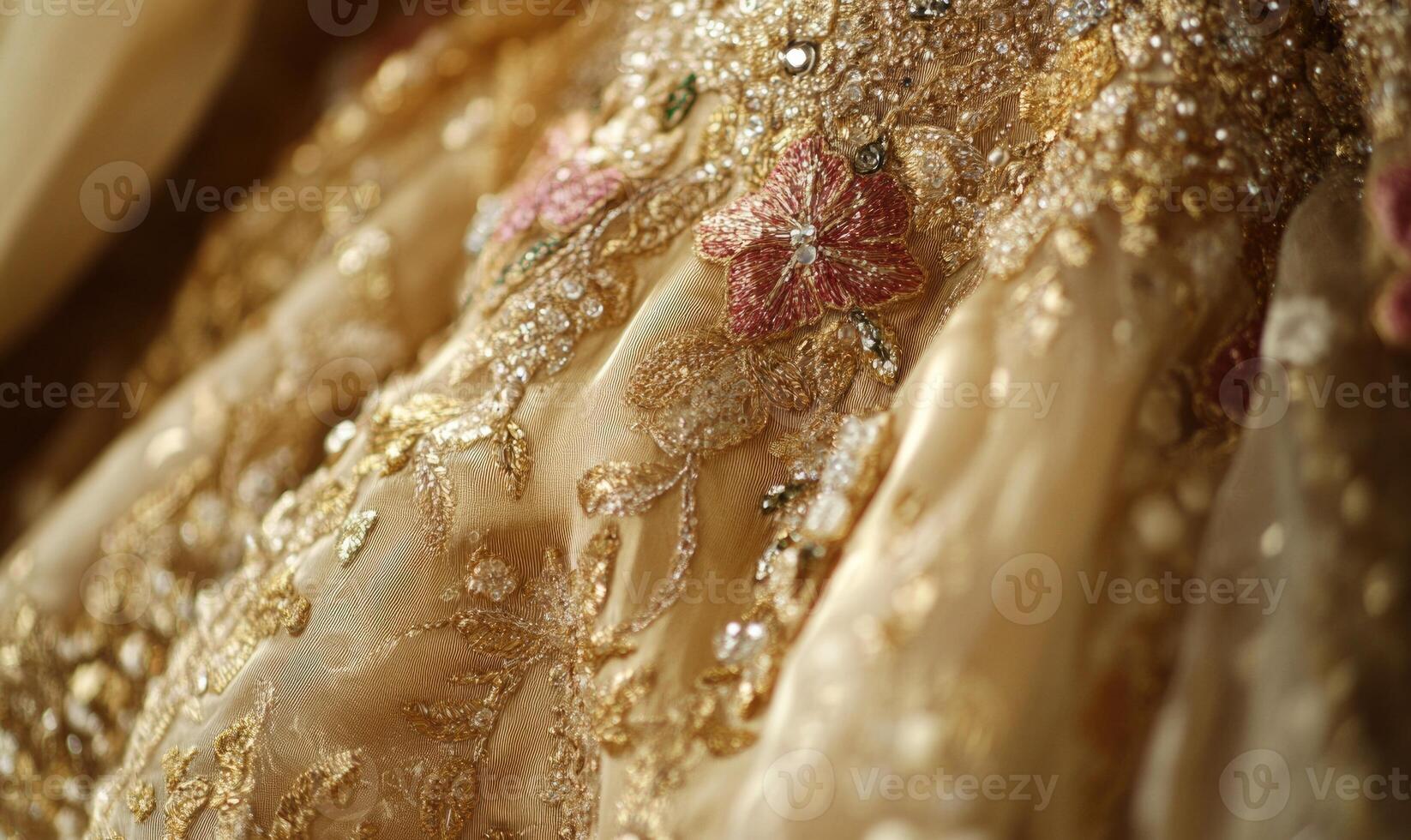 A gold and pink dress with flowers embroidered on it photo
