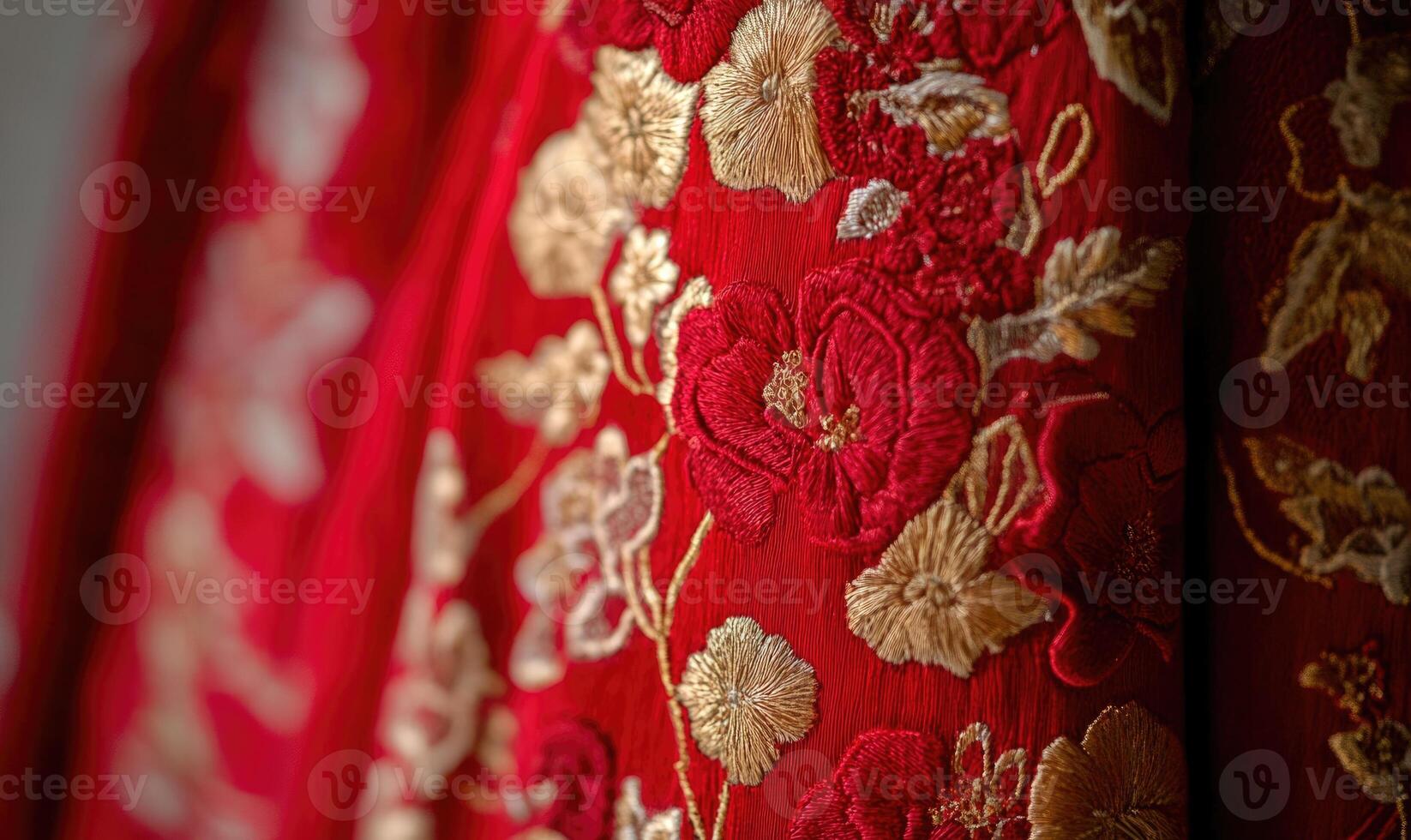 A red and gold embroidered dress with flowers photo