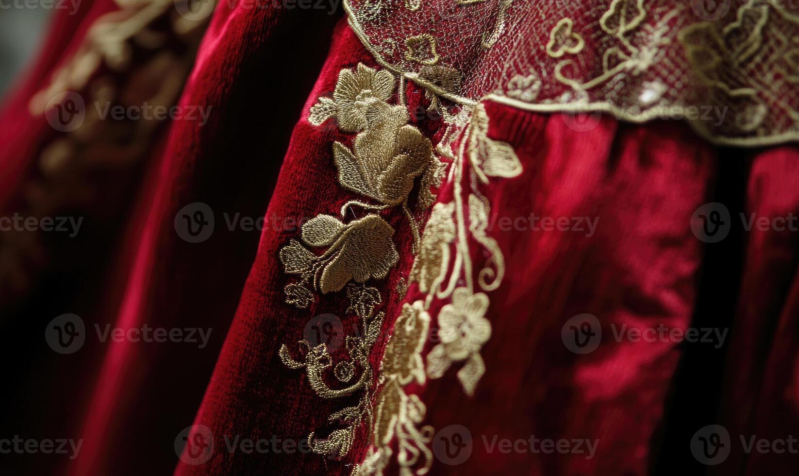 A red dress with gold embroidery and lace photo