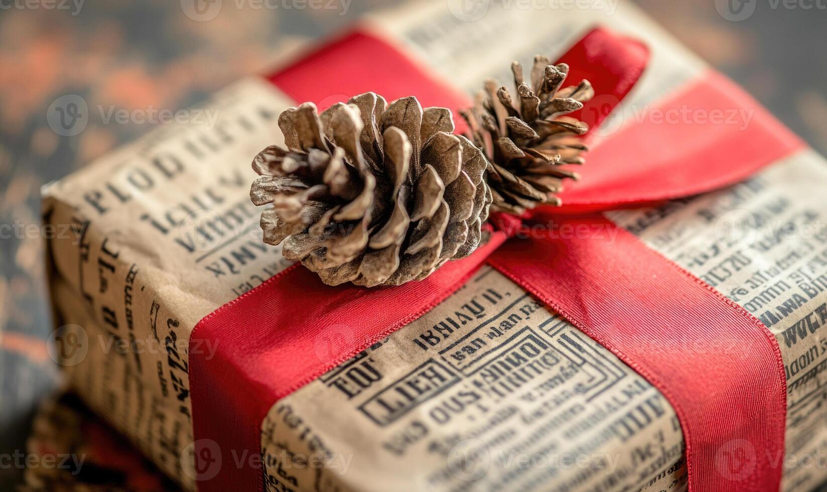 A red and brown wrapped gift with pine cones on top photo
